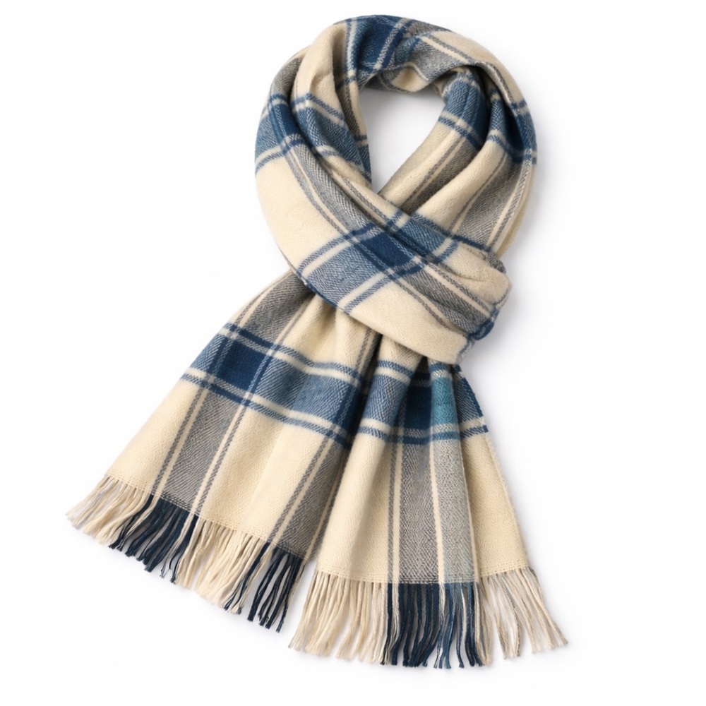 Vintage Pure Wool Plaid Fringe Scarf Cream Navy Gray 52”
